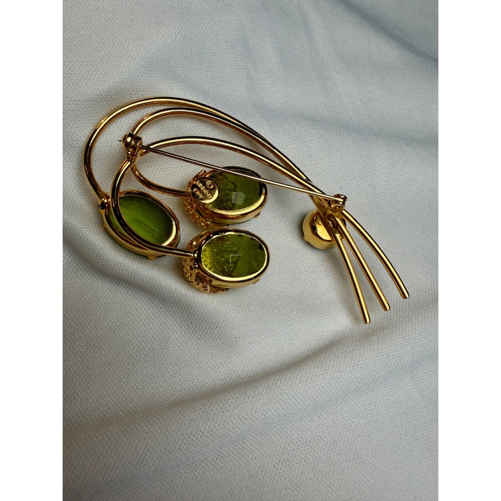 Vintage Sarah Coventry Gold Tone Olive Green Glass Stone Spray Brooch Pin - Picture 6 of 9
